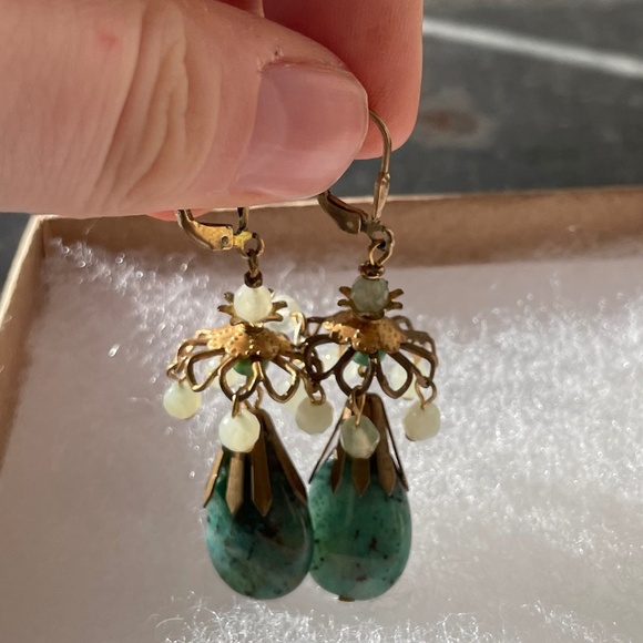 Sundance Catalog Dangling Pendant Earrings with blue-green stones and beads - Picture 1 of 6